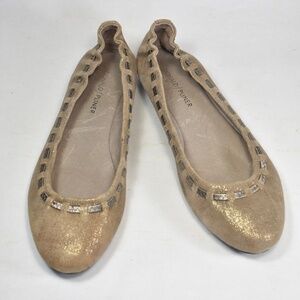 DONALD PLINER PADDI SUEDE TAN/GOLD DISTRESSED METALLIC FLATS  SIZE 8M